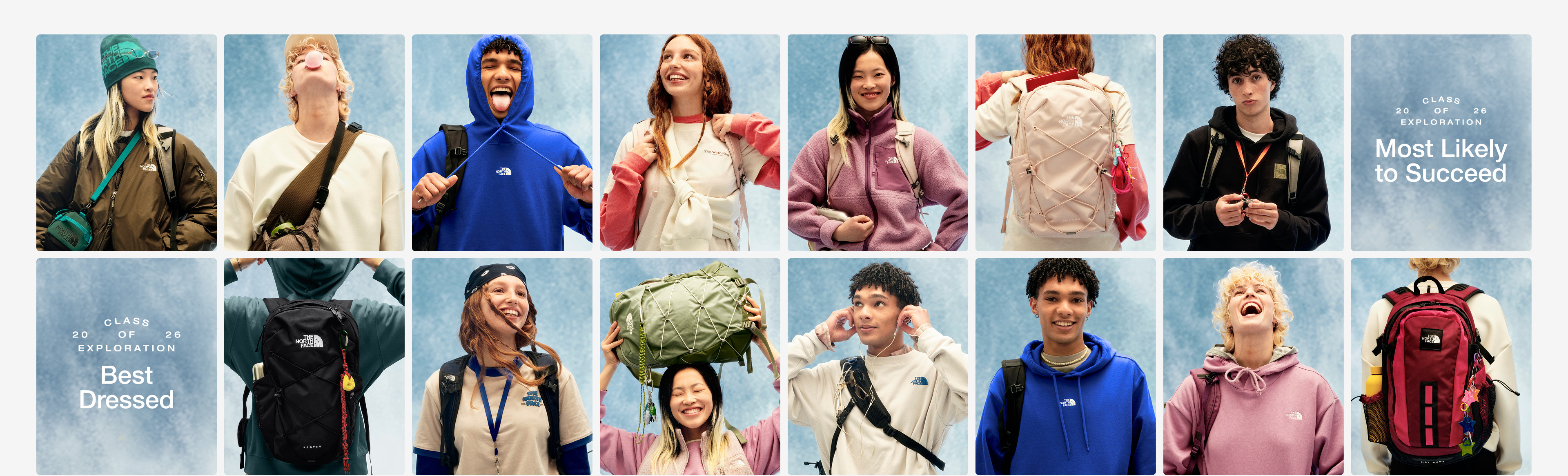 Grid of young people in various outdoor gear and backpacks in a yearbook-style setting.
