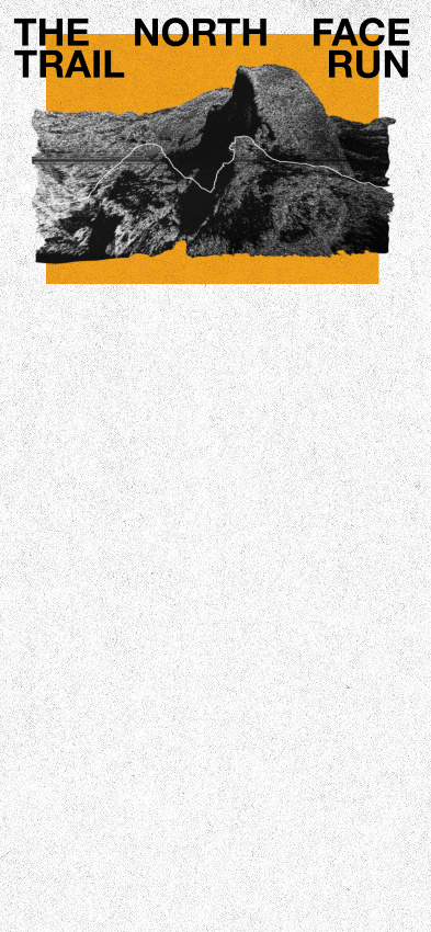 The North Face Trail Run title with a mapped trail over a mountain in an orange background.