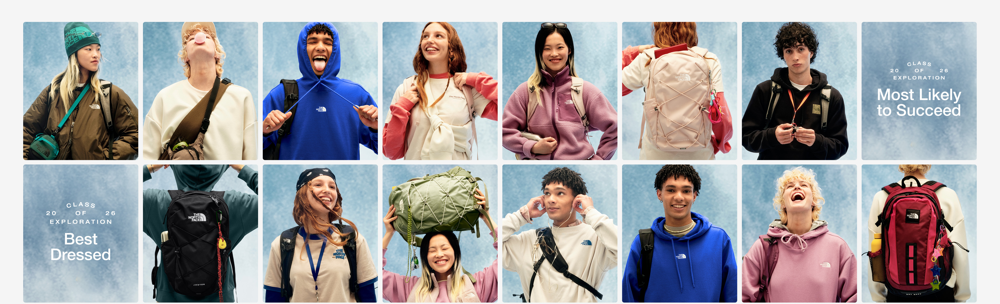 Grid of young people in various outdoor gear and backpacks in a yearbook-style setting.