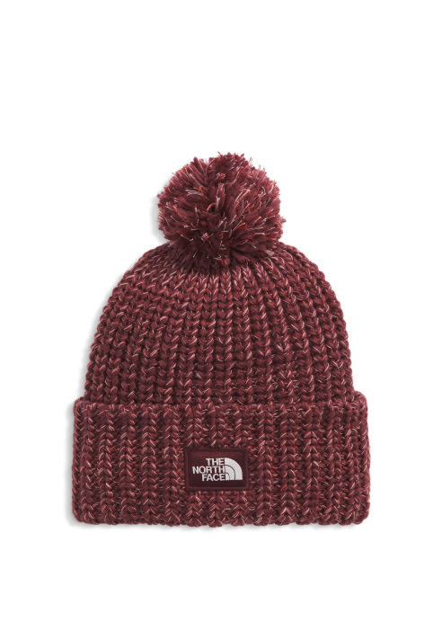 Red beanie with pom pom and TNF logo.