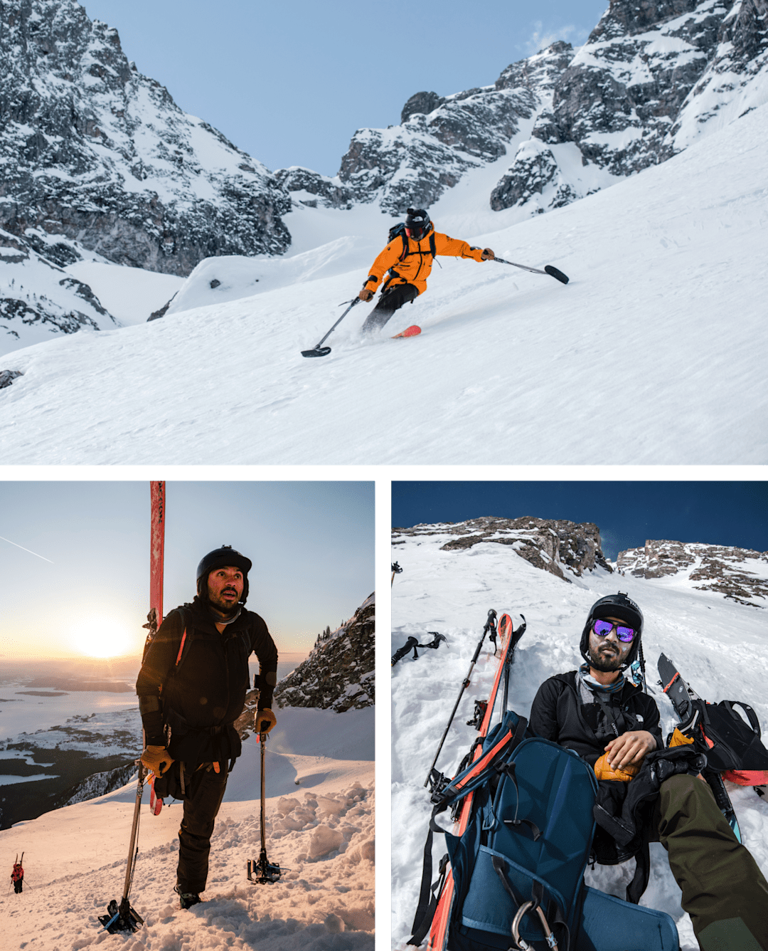 Vasu Sojitra enjoys the descent of the Mt. Moran. (left) Vasu Sojitra continues up the boot pack on the approach to the summit. (right) A moment of solace and rest on the approach to the summit.