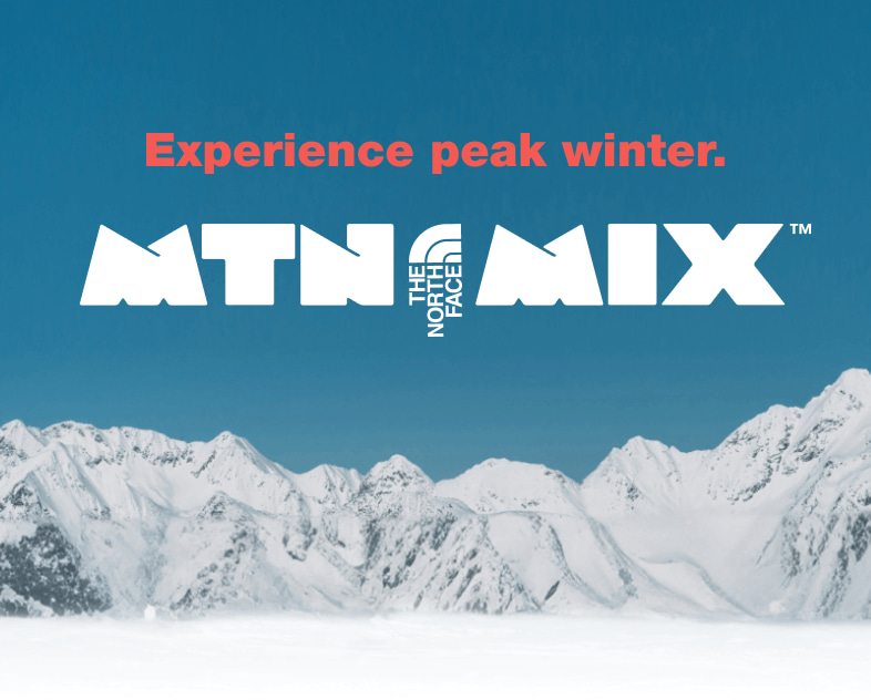 Image of snow covered mountains overlaid with a lock up logo MTN MIX.
