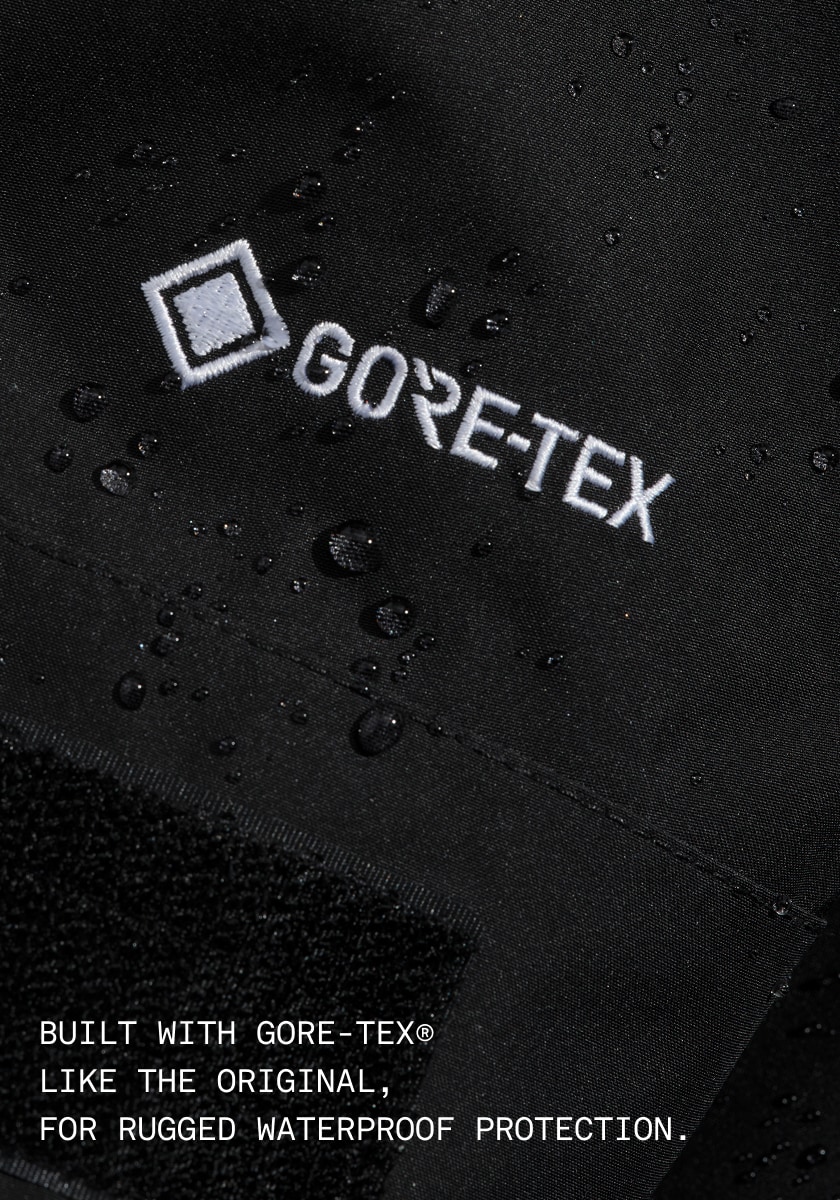 Close up shot of the GORE-TEX logo. Text: Built with GORE-TEX® like the original, for rugged waterproof protection.