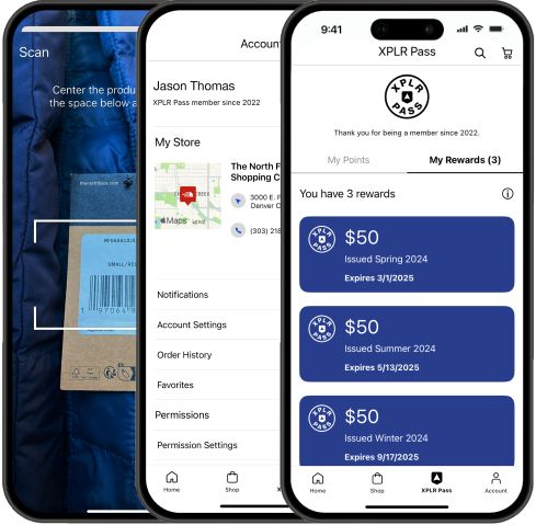 Image of three phones displaying The North Face app.
