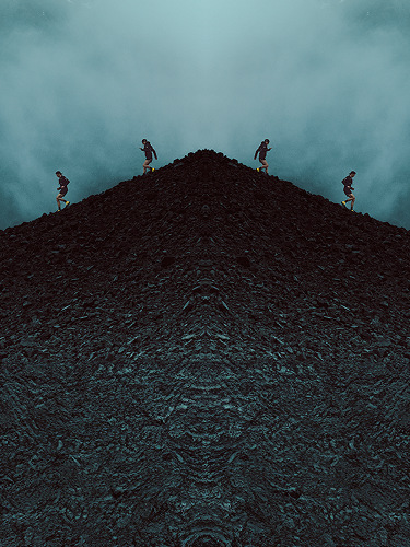 The North Face Athletes trail run down rocky terrain. 