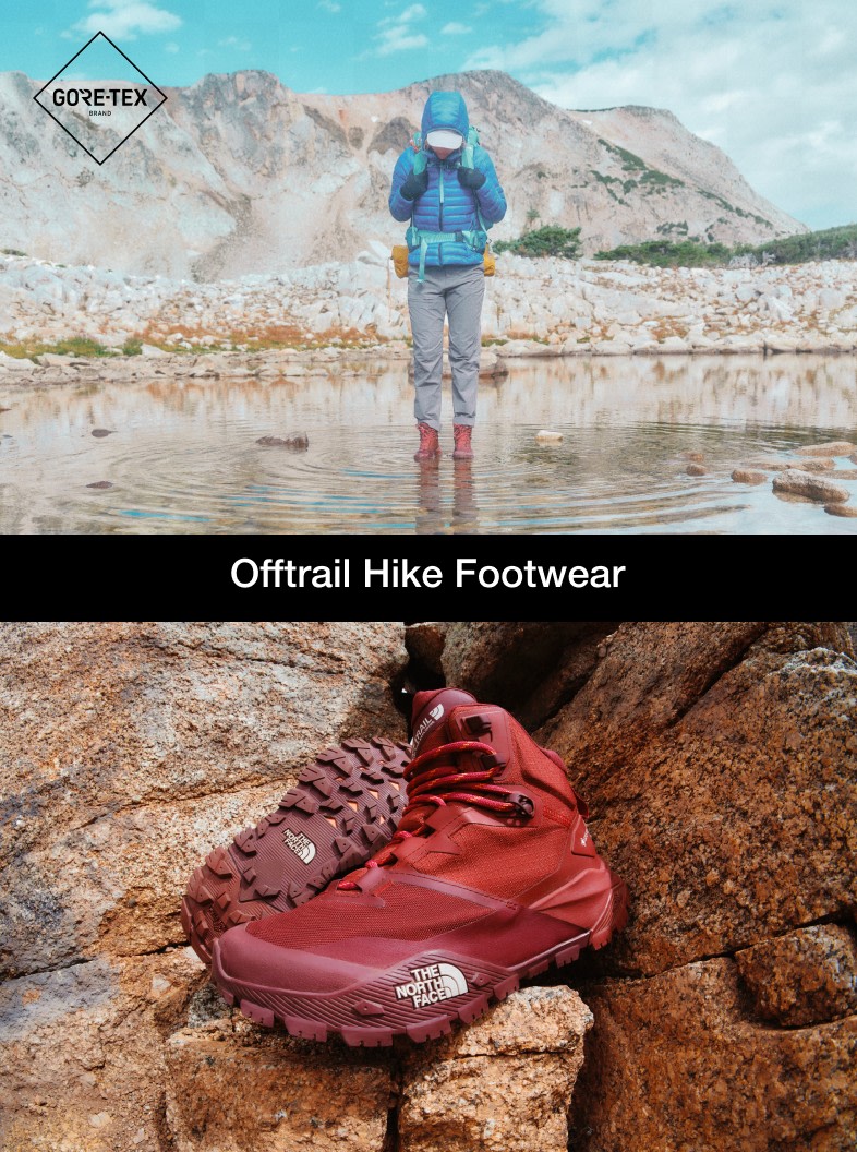 Split image with a photo of red hiking boots sitting atop rocks on the left and a woman in a blue jacket and red boots standing in water to the right. 