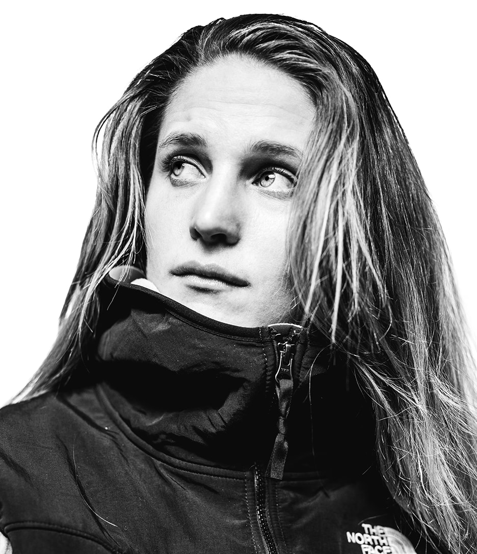 Black and white photograph of The North Face Athlete Allison Vest