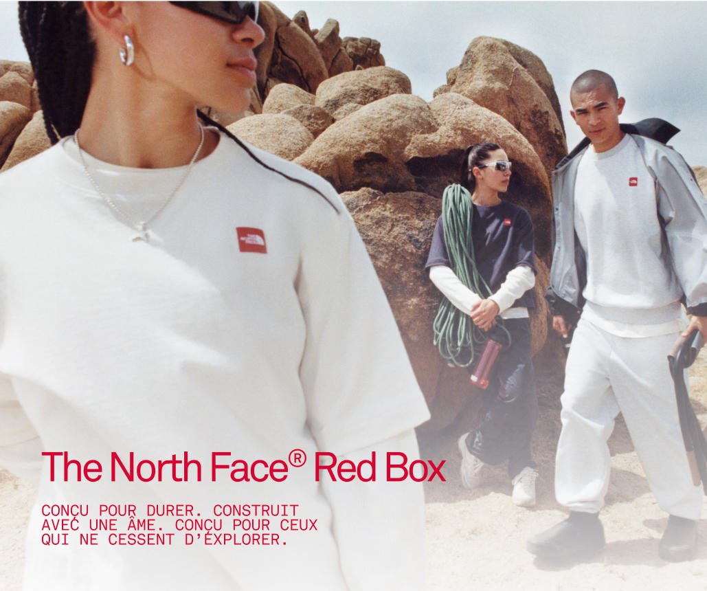 Texte: The North Face® Red Box / DESIGNED TO ENDURE. BUILT WITH SOUL. CRAFTED FOR THOSE WHO NEVER STOP EXPLORING.