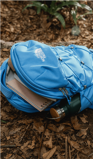 A backpack from The North Face in the grass.