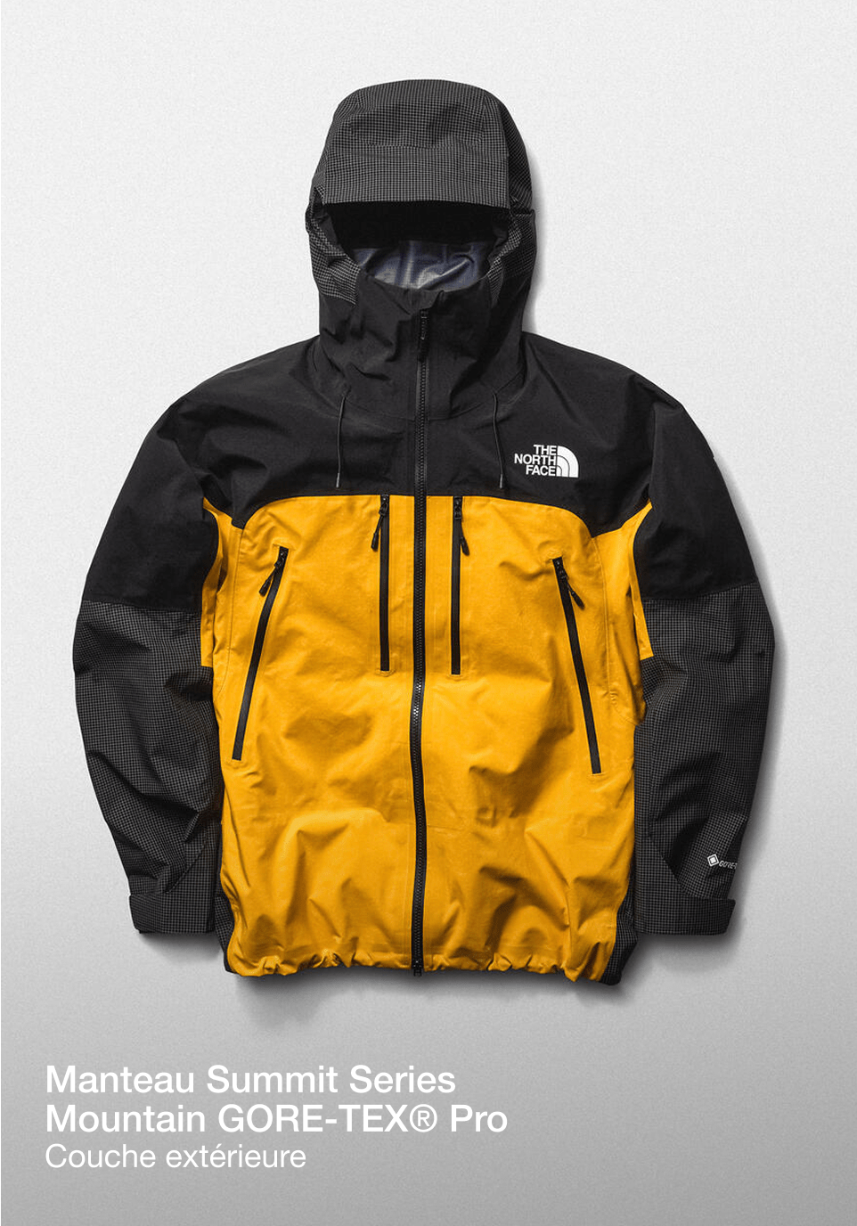 Prise de vue en studio de la veste Gore Tex Pro jaune/noir.