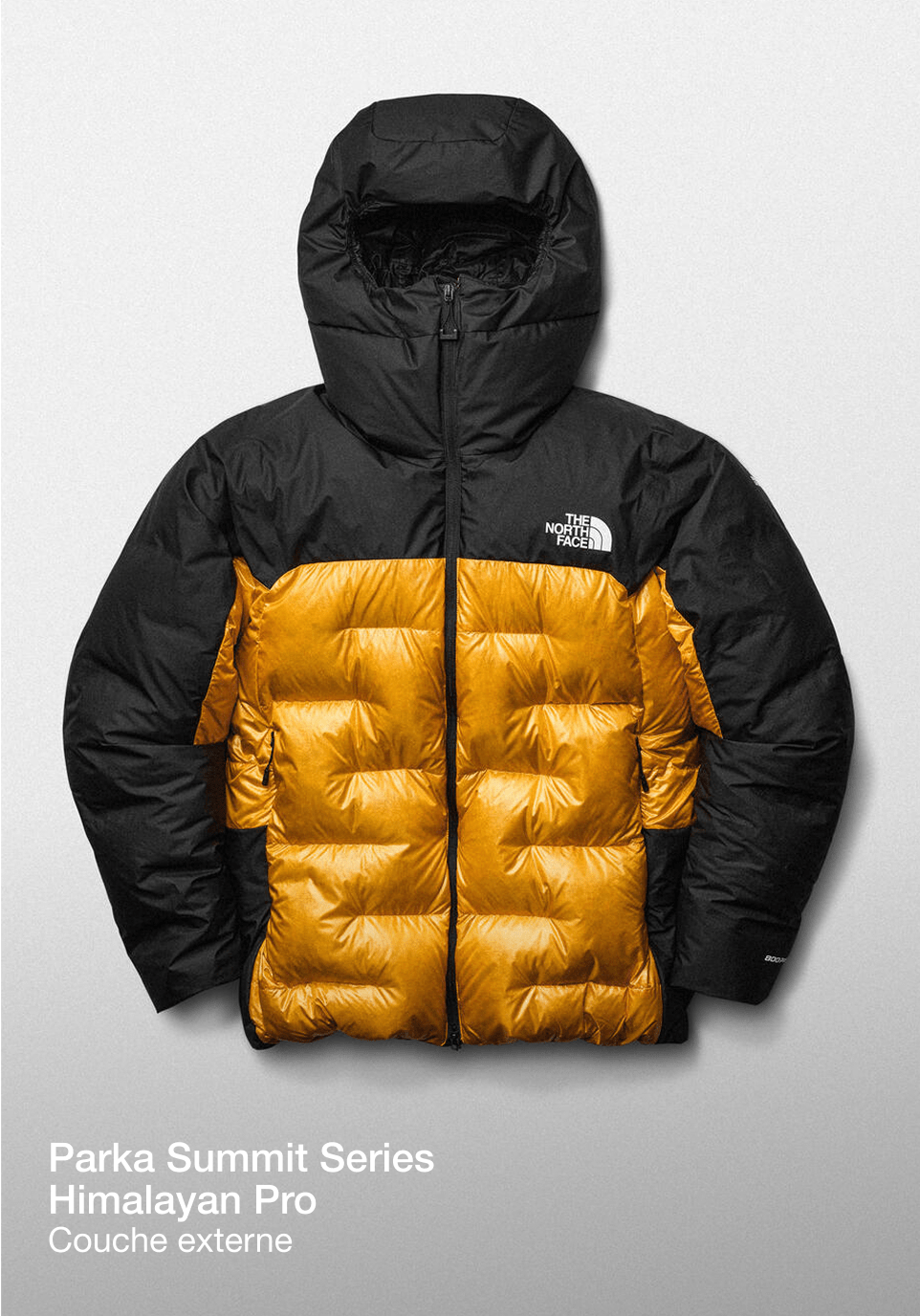 Prise de vue en studio de la parka Himalayan Pro jaune/noir.