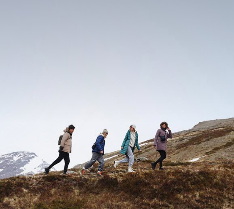 Four people walking across a grassy ridge. From left to right: Tan jacket, navy jacket, turquoise jacket, purple jacket.