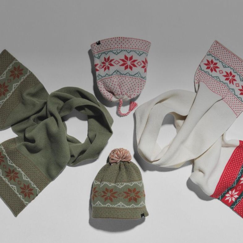 A variety of scarves and beanies by The North Face.