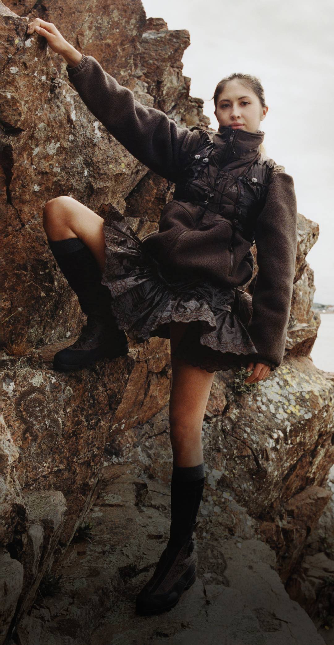 The North Face Athletes Brooke Raboutou, Molly Thompson-Smith and Solenne Piret pose in the forest wearing gear from the Cecilie Bahnsen collab.