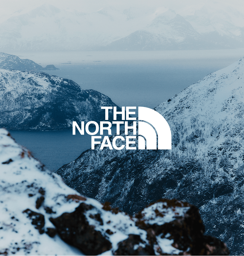 The North Face logo centered over a snowy mountain landscape overlooking a cold blue fjord.  