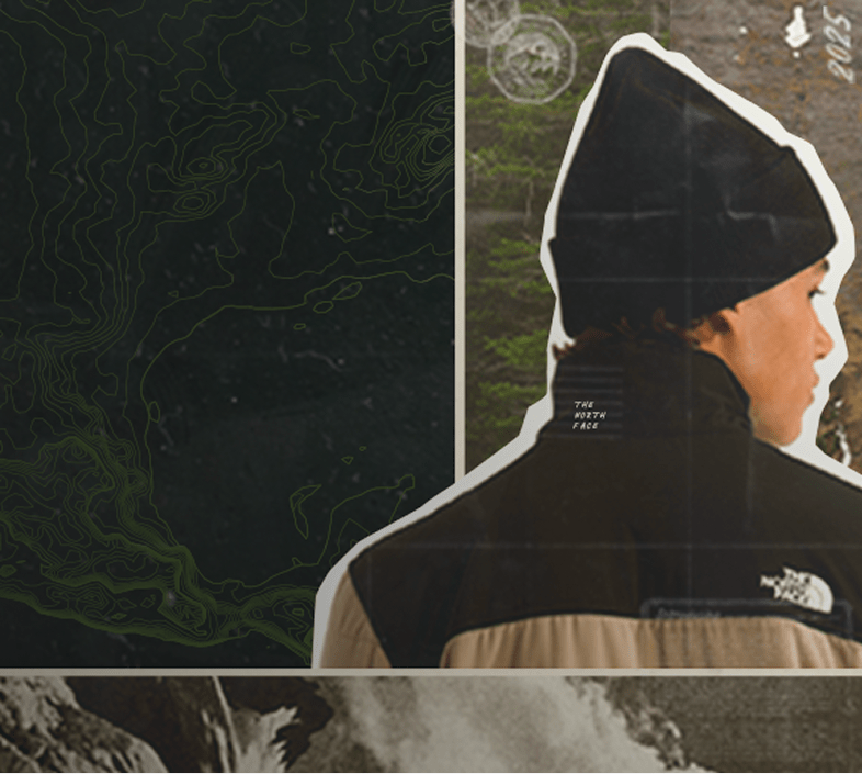 A collage with a guy in a black beanie and tan jacket looking to the right.