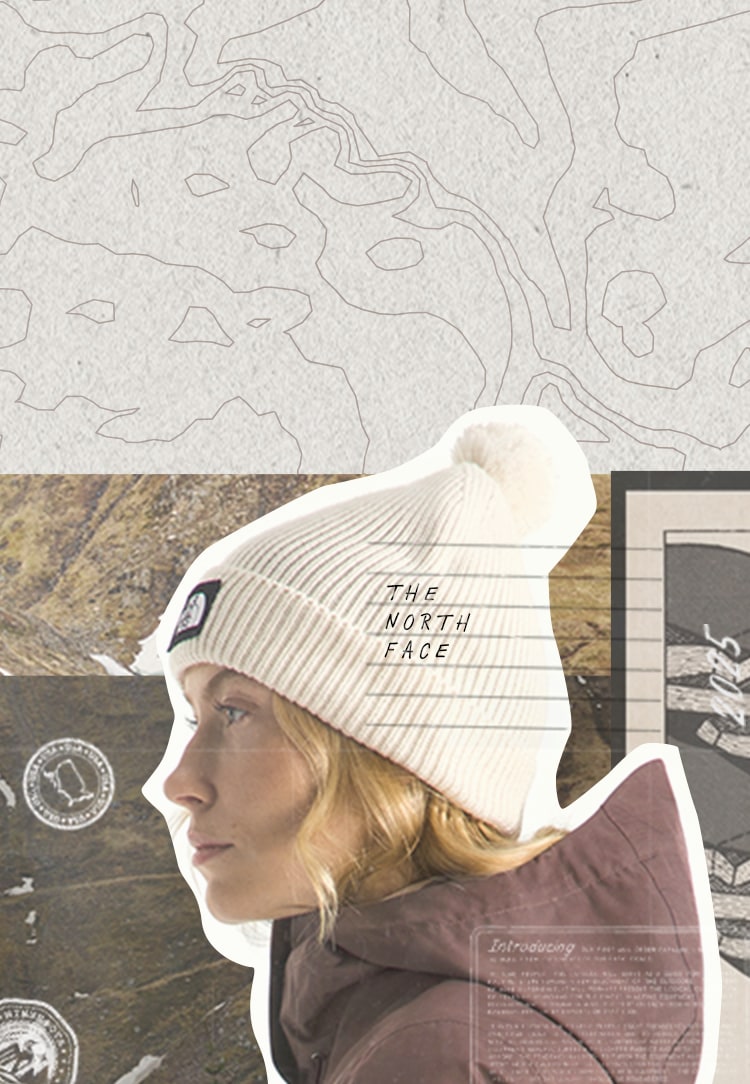 Collage with woman in a white beanie/purple puffy looking to the left in the foreground. The same woman is in a tan puffy/tan hat looking to the right in the background. 