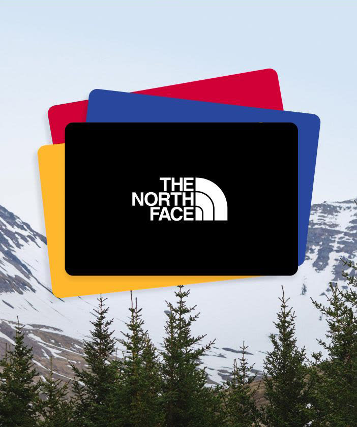 A pile of gift cards with a black one on top. In the background is an image of pine trees and snowy mountains.