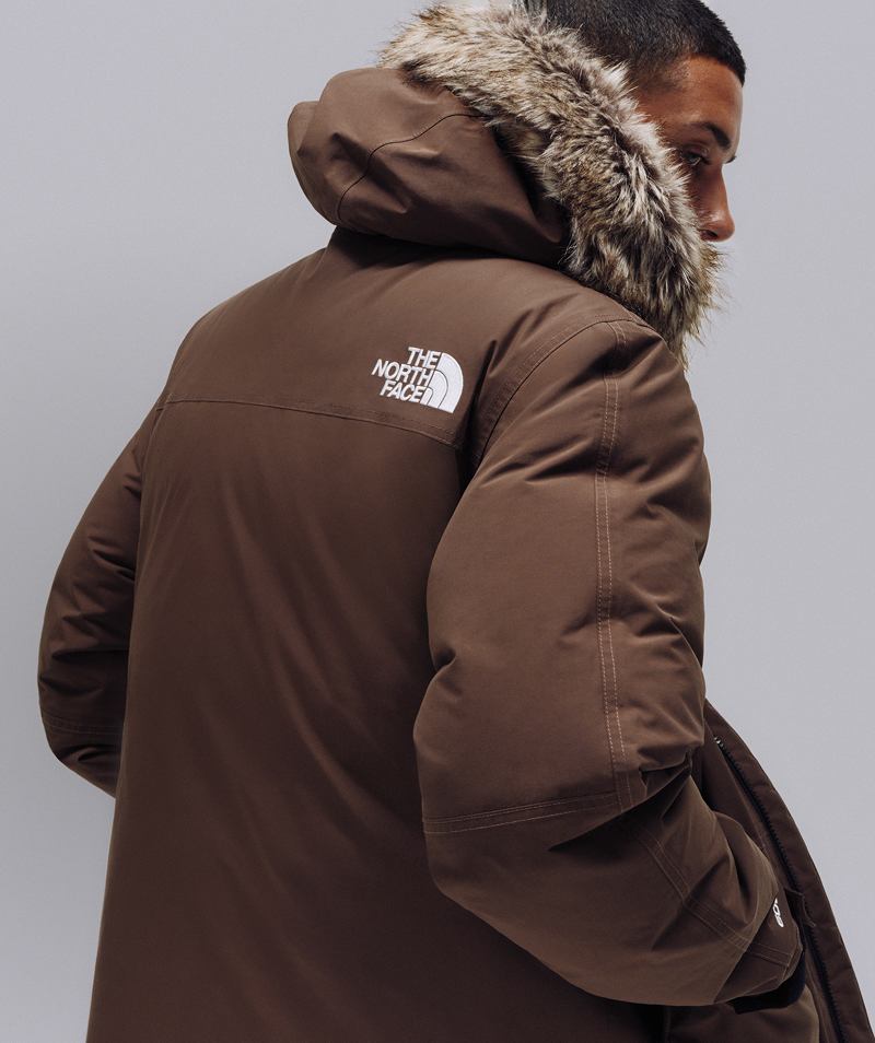 Male model wearing The North Face McMurdo Parka in Smokey Brown with fur-trimmed hood.