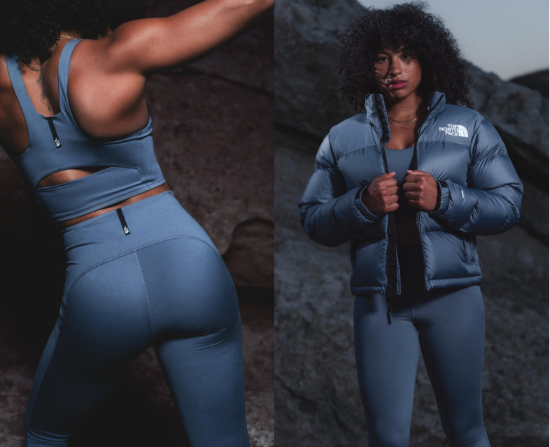 A woman wearing a monochromatic blue outfit from The North Face