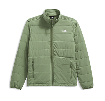 Tan, hooded insulated jacket.