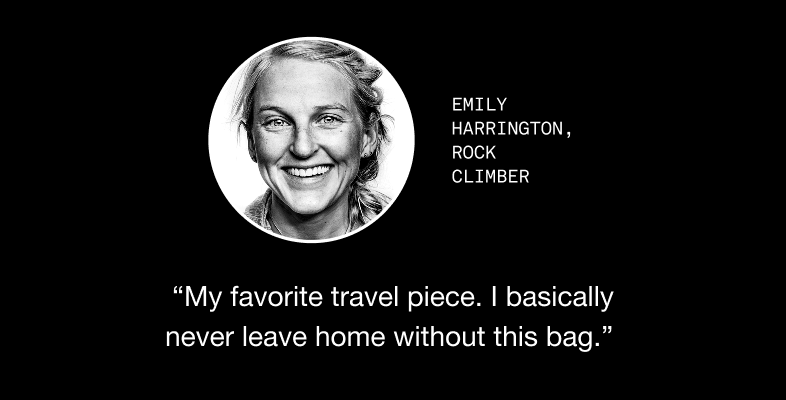 image: Emily Harrington quote about Voyager Duffel-42L: "My favorite travel piece. I basically never leave home without this bag."