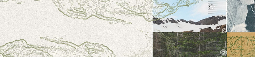 Collage with a gray topo map to the left followed by a stacked image with snowy hills on the top and a green forest on the bottom.