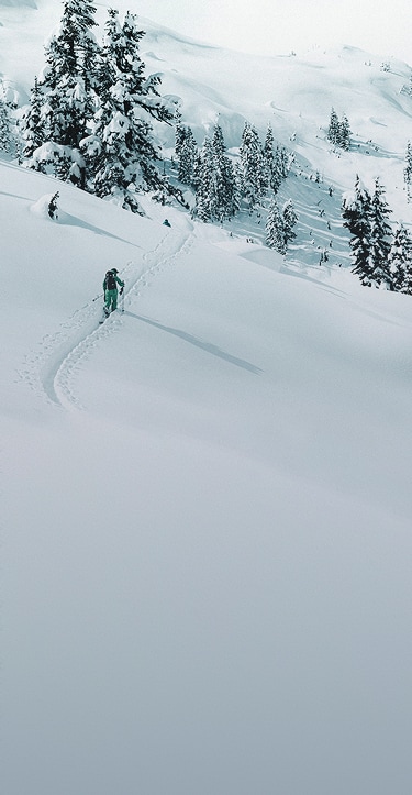 Man hiking in a snowy forest.