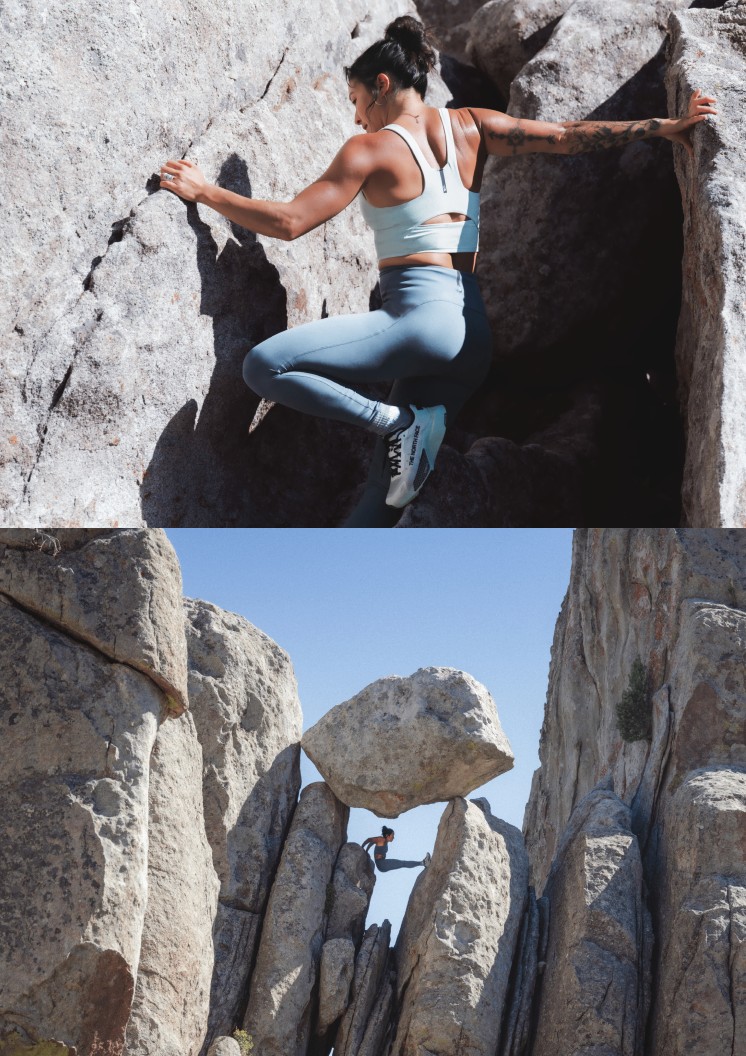 Split image showing rock formations on the left and an athlete climbing across a rocky surface on the right, wearing Jaida activewear.