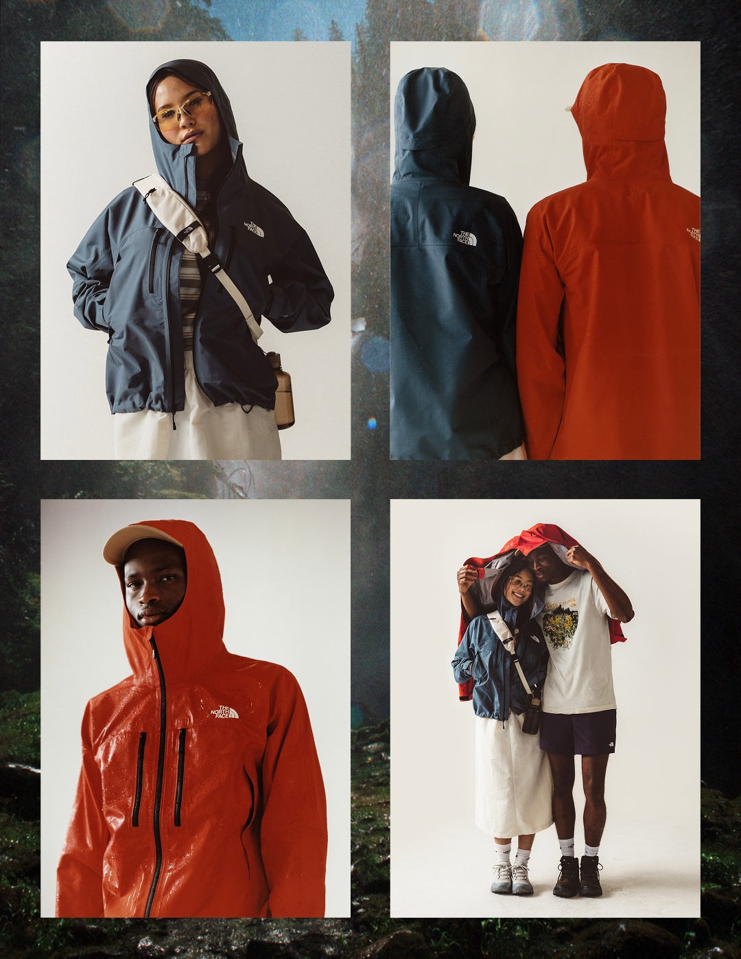 grid card with men and women wearing north face hiking clothes