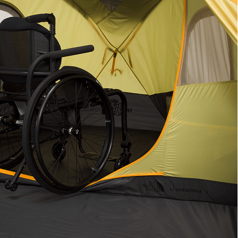 Image of a wheelchair in the vestibule of a Universal Wawona 3 tent