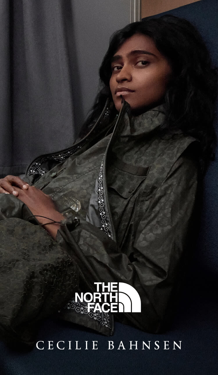 The North Face x Cecilie Bahnsen collection featuring the Tenzin Convertible Jacket, Bekah Sandal and Anna Base Camp Duffel.