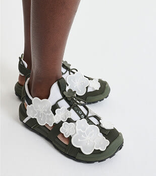 Model wearing the Bekah Sandal featured in The North Face x Cecilie Bahnsen collection.