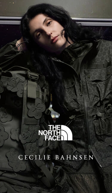 The North Face x Cecilie Bahnsen collection featuring the Tenzin Convertible Jacket, Bekah Sandal and Anna Base Camp Duffel.