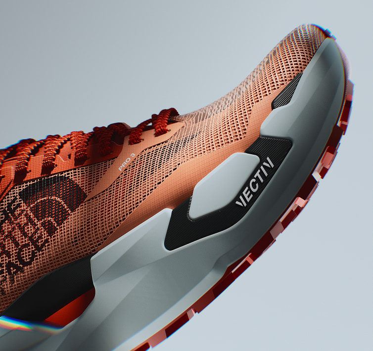 Front view of the VECTIV™ Pro 3 shoe on a gray background. 