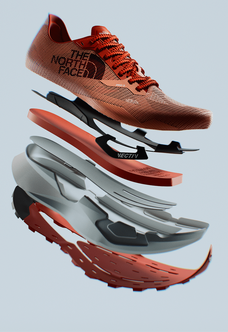 Orange VECTIV™ Pro 3 shoe blown up to show its separate parts. Background is gray.    