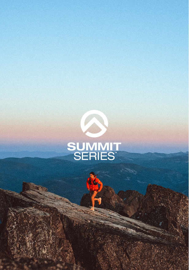 Woman running on top of a mountain at sunset with the summit series logo above her. 