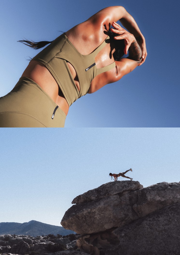 Close-up back view of the Jaida Long Line Bra and Jaida Pocket Legging in Cedar.