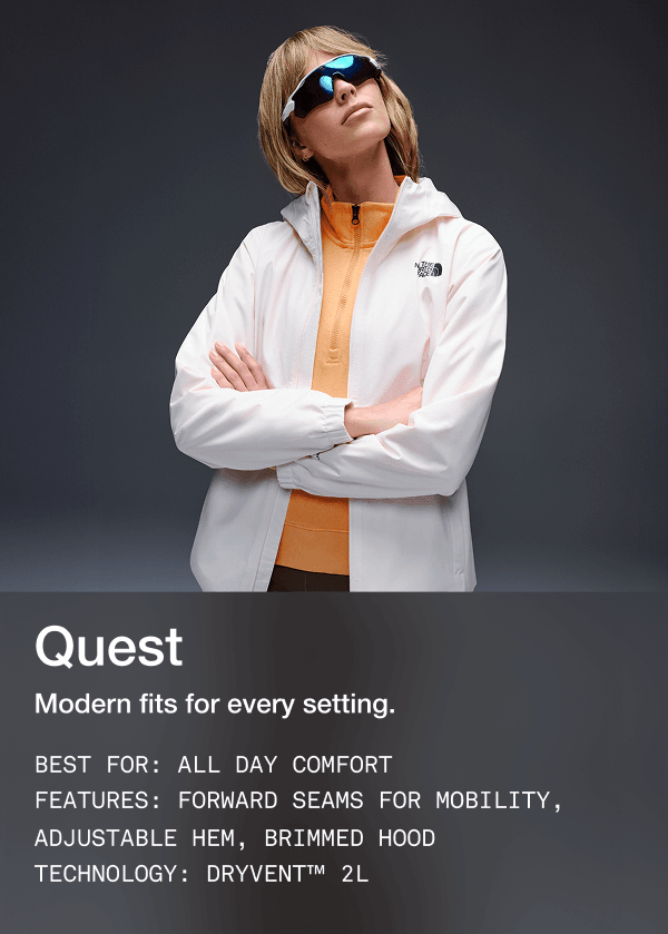 A woman wearing The North Face Quest jacket in blue.