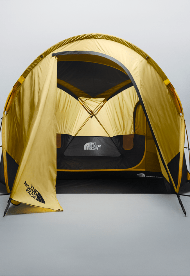 Yellow Universal Wawona Tent 3, flap open to show wide opening.