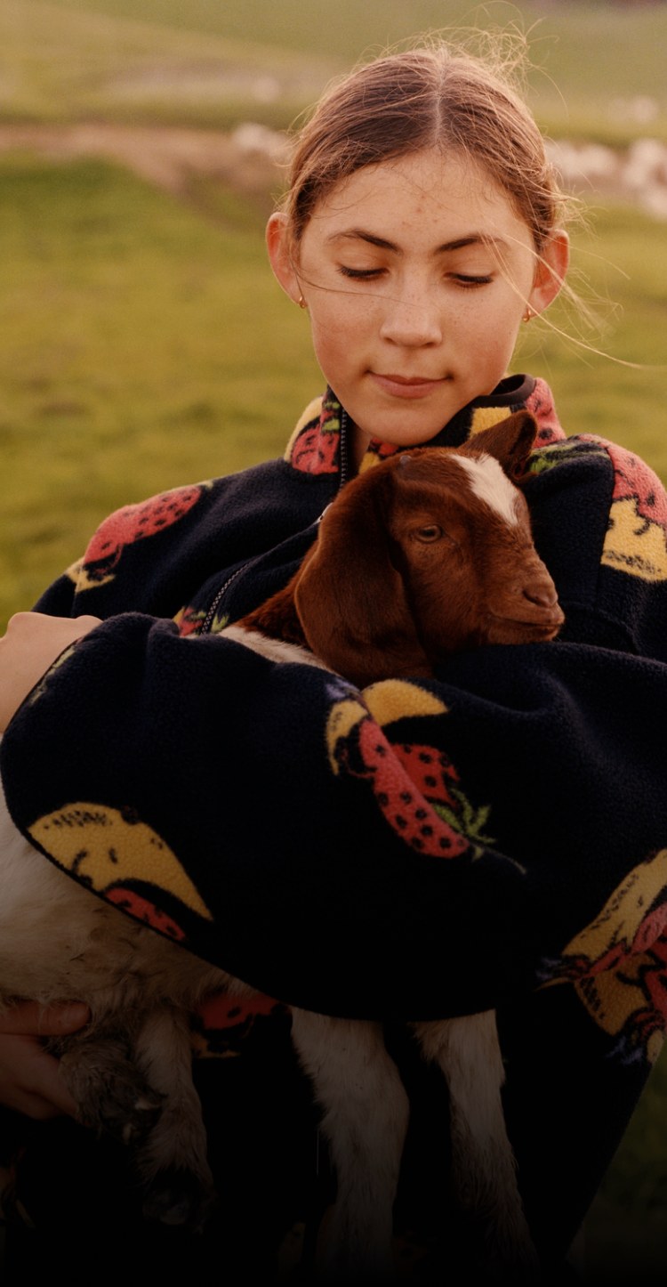 A man herds goats in his The North Face x Sky High Farm Goods fleece. 