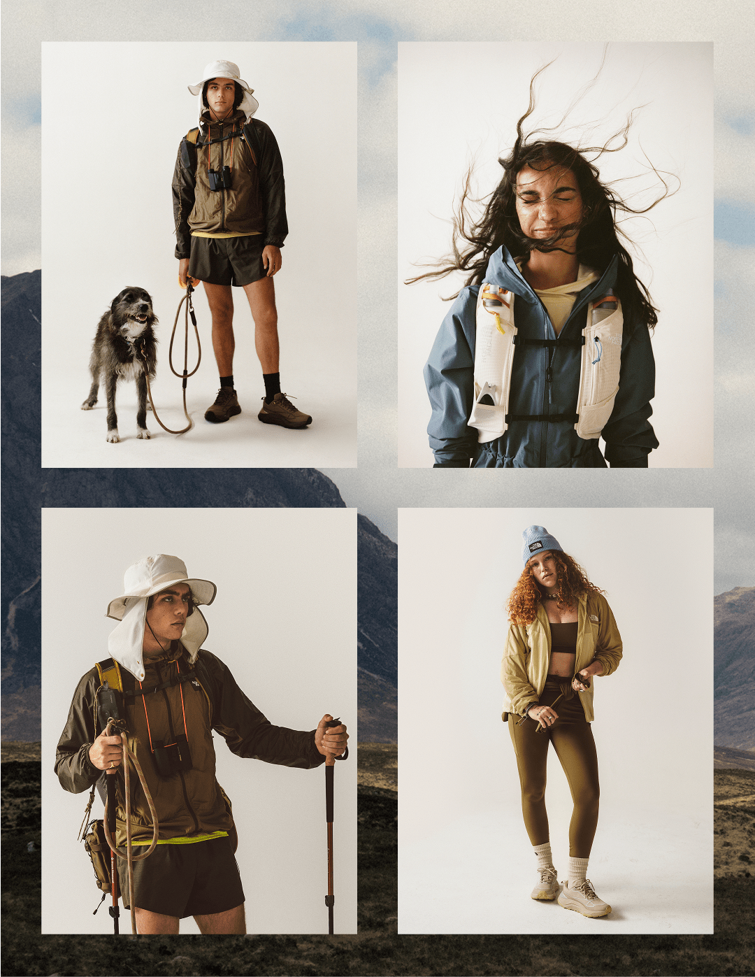 A 2 by 5 grid of photo panels showing hikers wearing various hiking outfits against a beige background.
