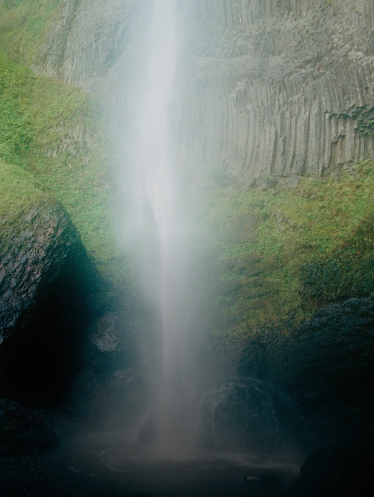 Paroi rocheuse recouverte de mousse avec une cascade au milieu. 