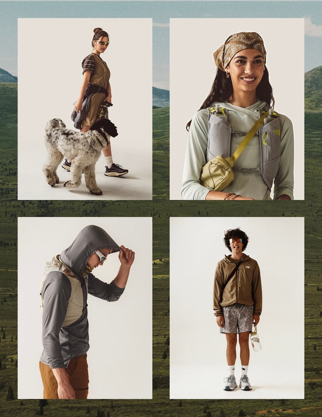 A grid of different people wearing various hiking gear, including jackets, vests and shorts.