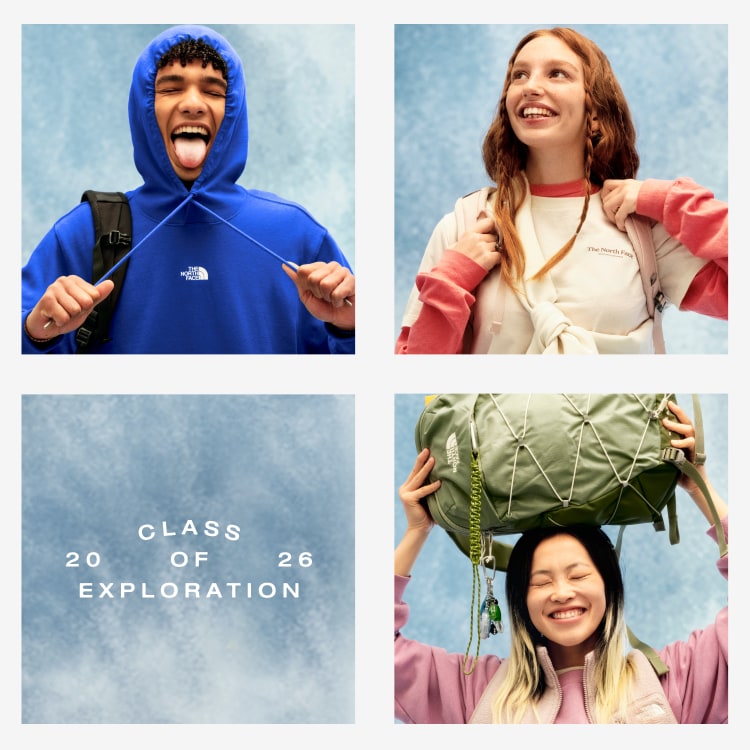 Grid of young people in various outdoor gear and backpacks in a yearbook-style setting.