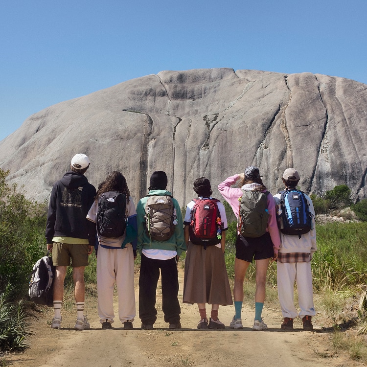 Group of 6 young people wearing backpacks, backs to camera, looking at a mountain in the distance.