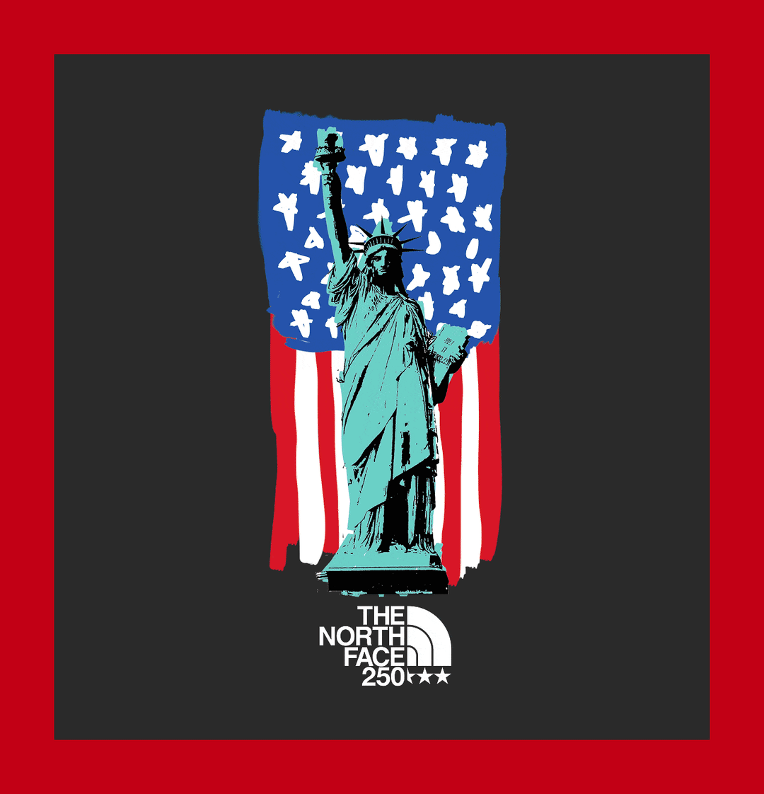 Graphics of red white and blue north face logo with the statue of liberty, yosemite mountains, and the north face logo.