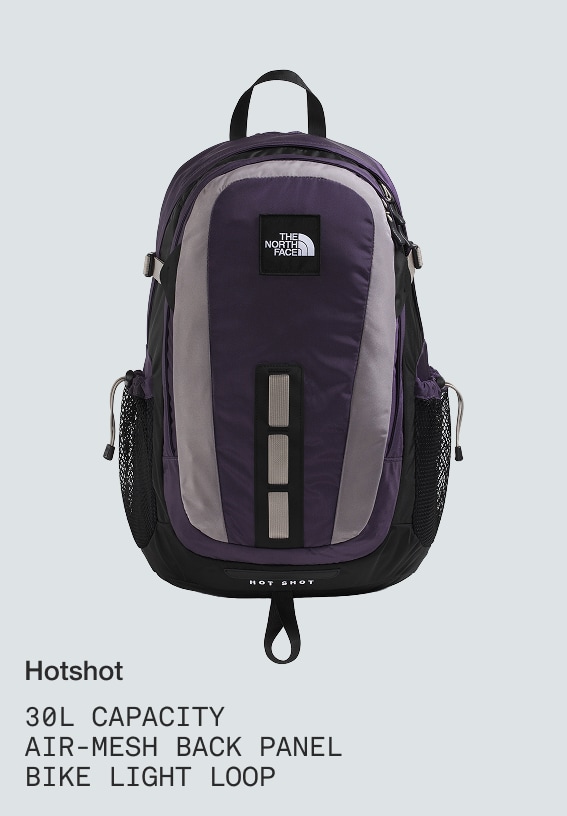 Product shot of a purple and brown Hot Shot backpack. 