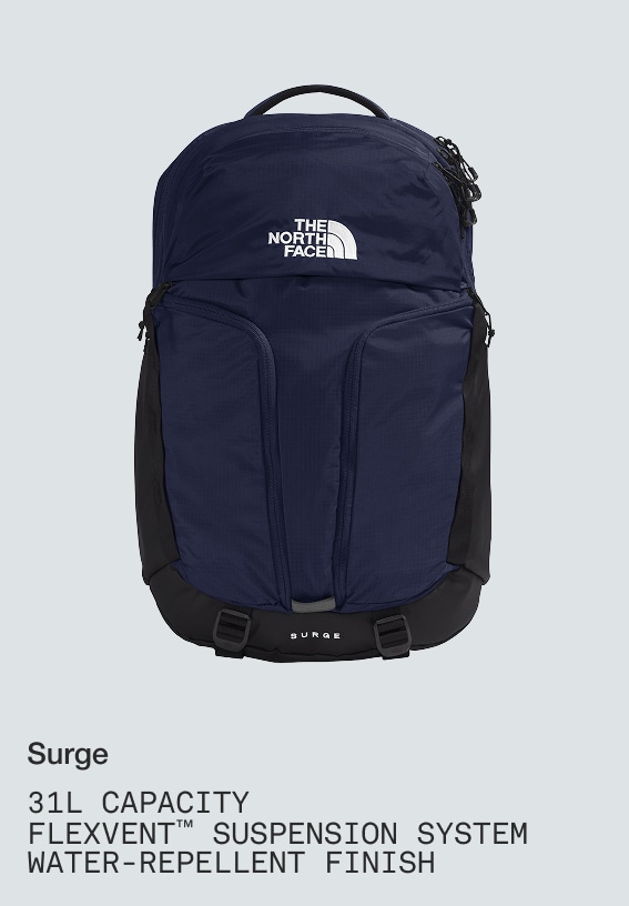 Product shot of a navy and black Surge backpack. 