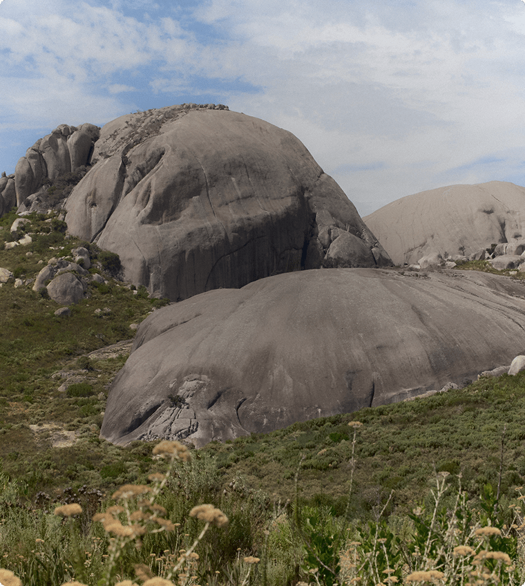 Looking up a hillside with big rocks in the background and a grassy field in the foreground.